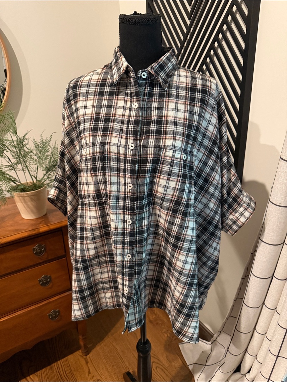 First Love  Black & White Plaid Button-Down poncho top medium